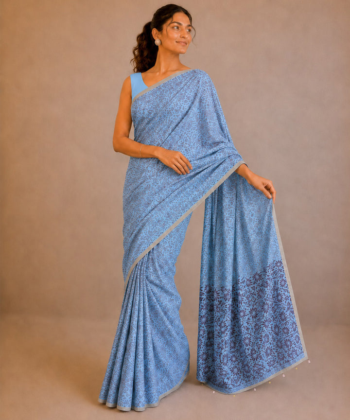 Cyan blue pink hand embroidered chanderi silk saree