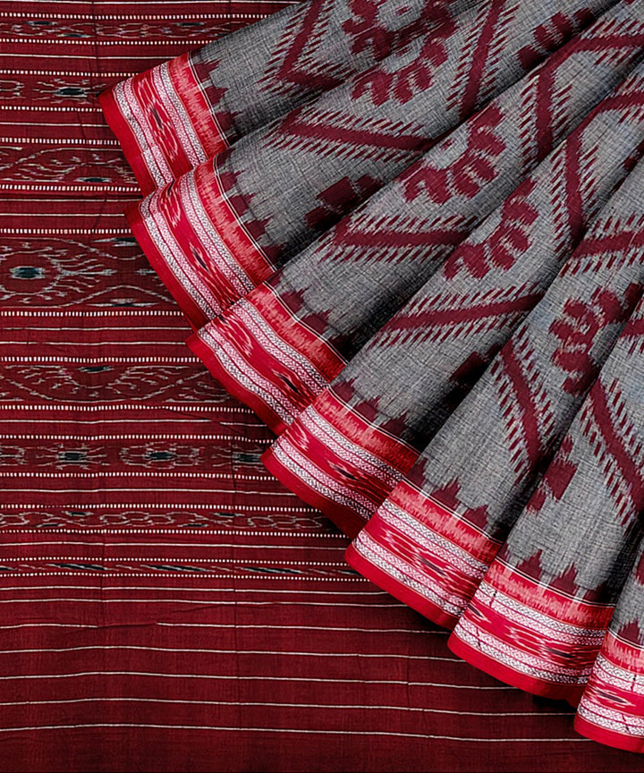 Grey maroon cotton handwoven nuapatna saree