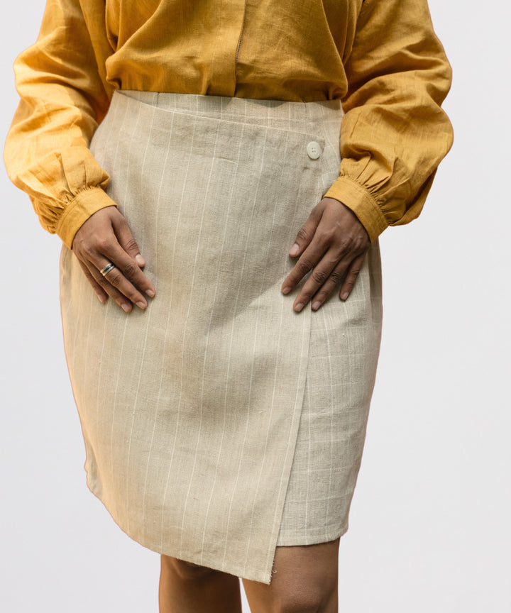 Beige stripes checks handwoven linen skirt