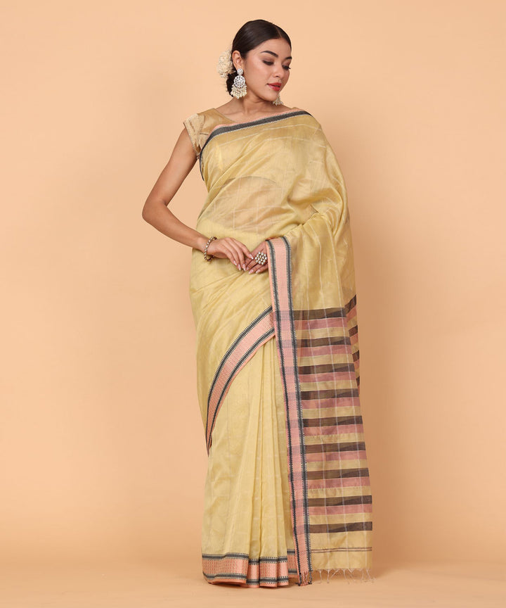 Gold striped pallu cotton silk handloom maheshwari saree