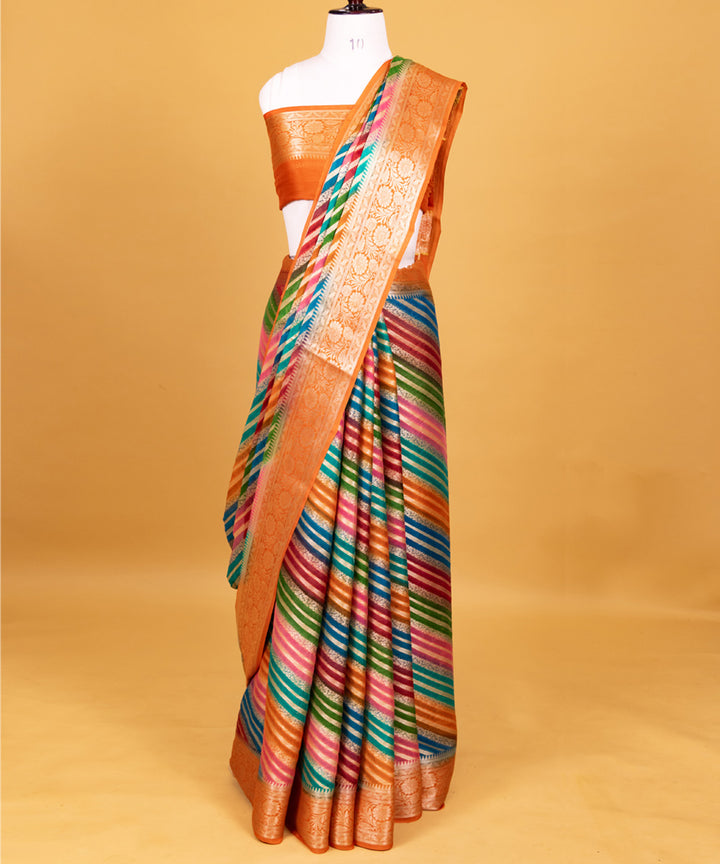 Orange diagonal stripe silk handwoven banarasi saree