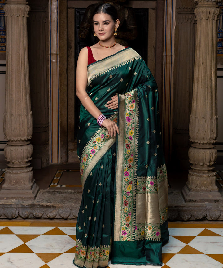 Bottle green booti silk handwoven banarasi saree