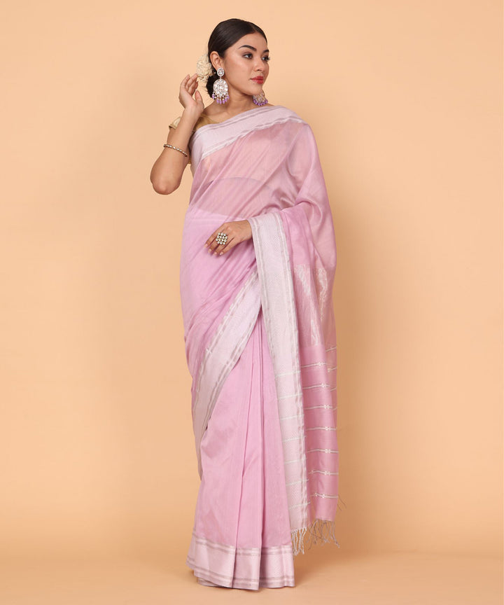 Pink offwhite cotton silk handloom maheshwari saree