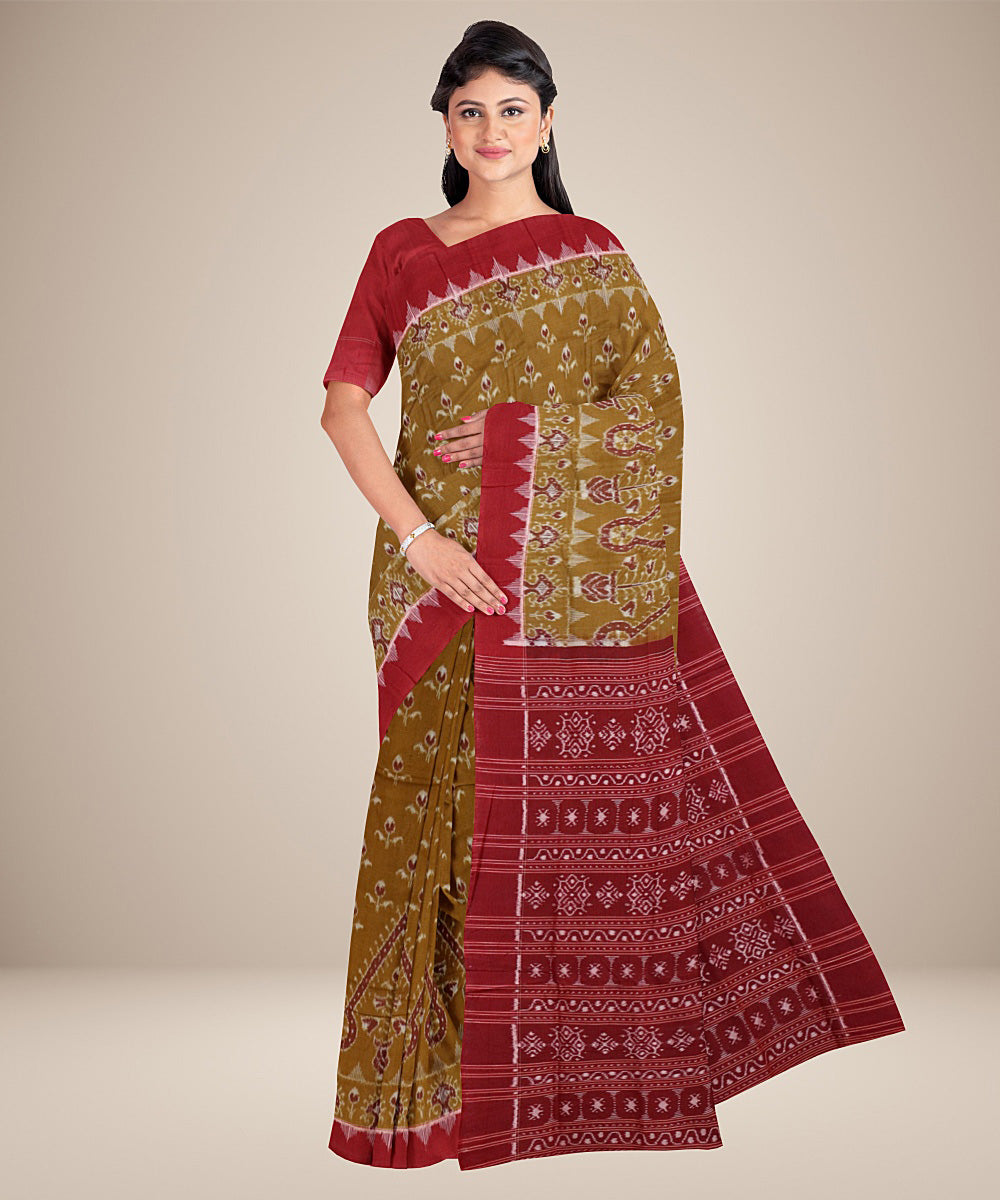 Dark goldenrod yellow red cotton handwoven sambalpuri saree