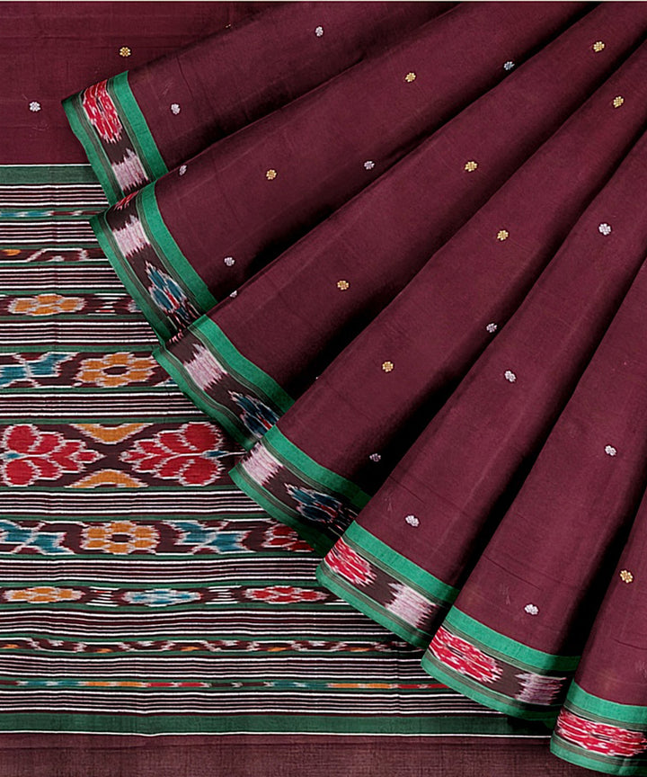 Maroon light green cotton handwoven nuapatna saree