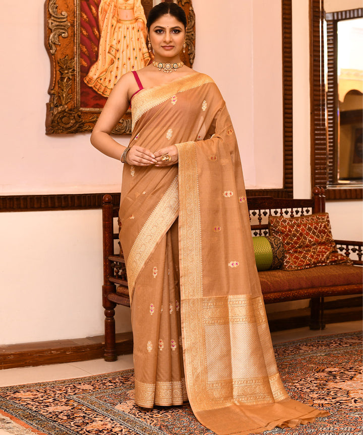 Light brown silk handwoven banarasi saree