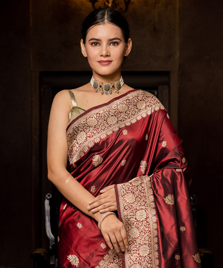 Maroon handwoven silk banarasi saree