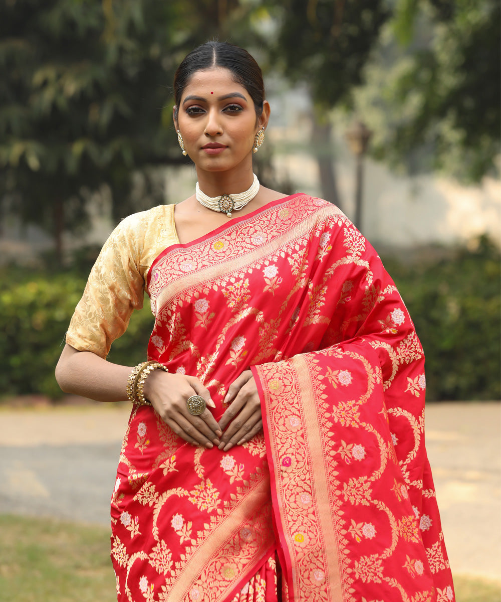 Red jangla silk handwoven banarasi saree