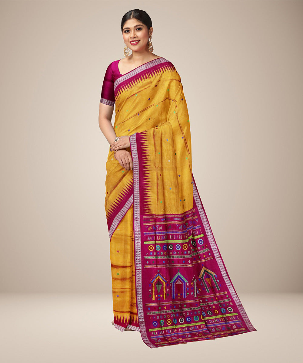Amber yellow dark pink silk handwoven dolabedi bomkai saree