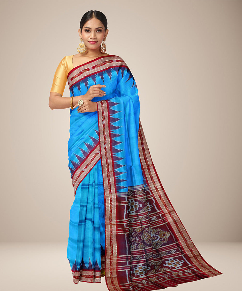 Sky blue maroon silk handwoven khandua saree