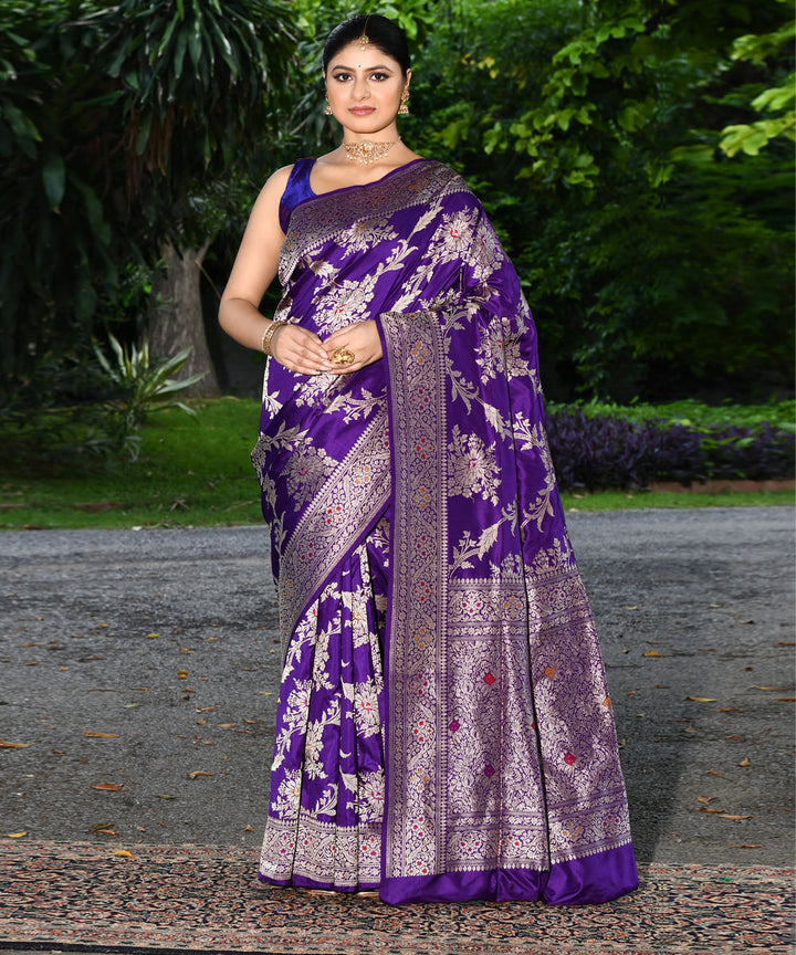 Purple silver silk handwoven banarasi saree