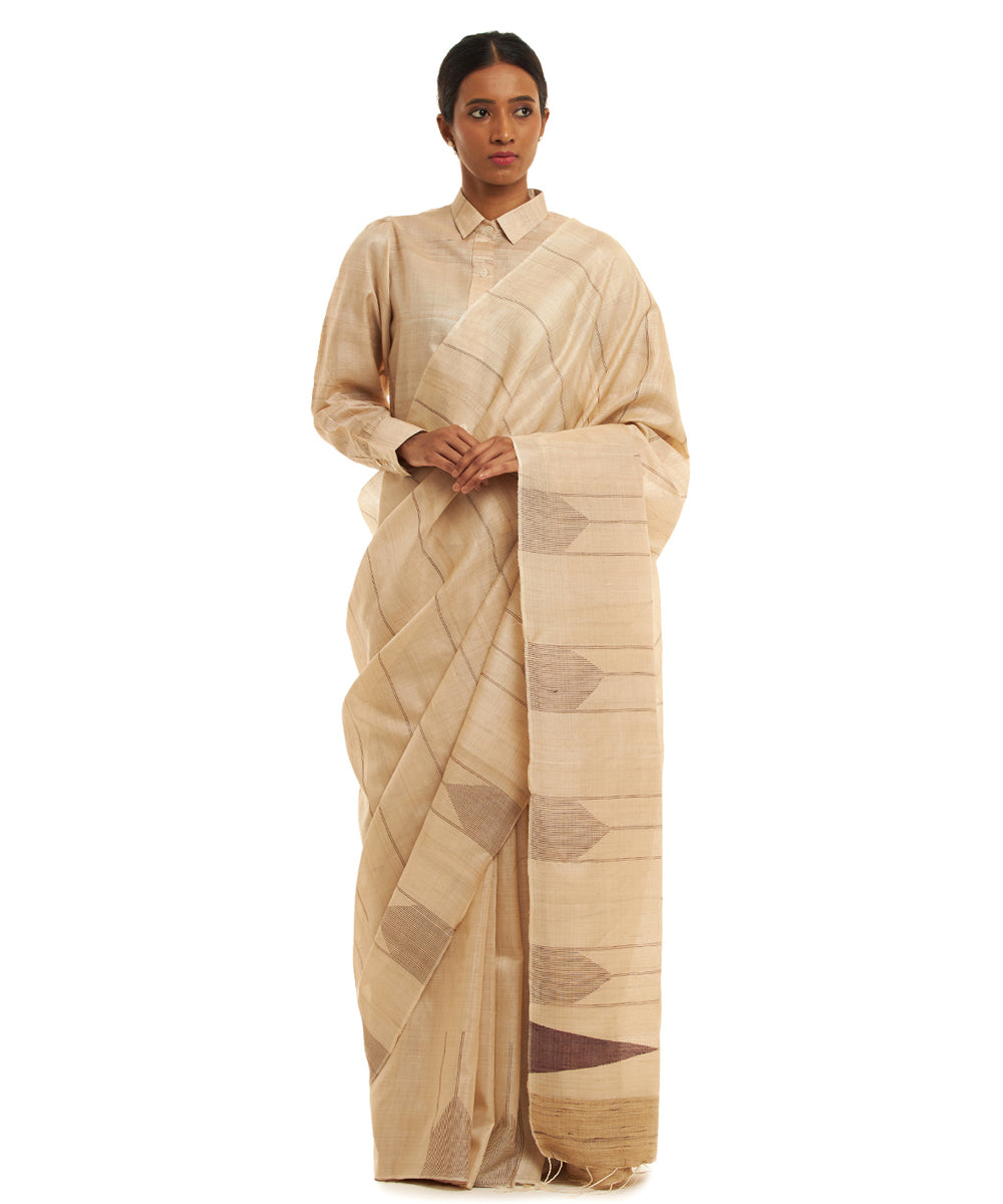 Handwoven beige kosa silk saree with stripes brown temple border
