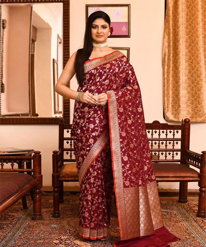 Wine colour silk handwoven banarasi saree