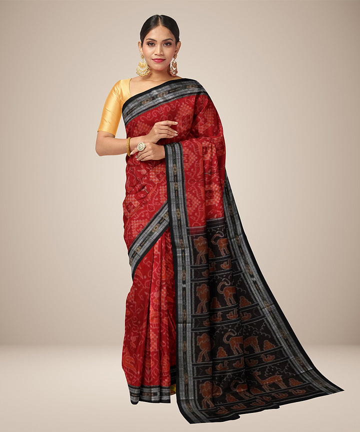 Maroon black peacock motif cotton handwoven nuapatna saree