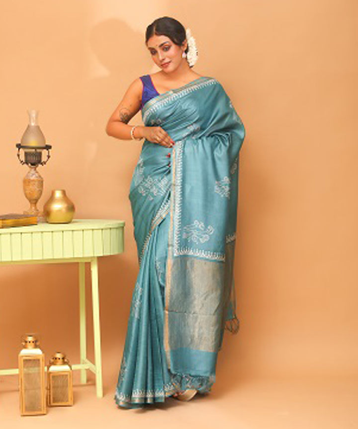 Teal green chhattisgarh handloom tussar silk saree