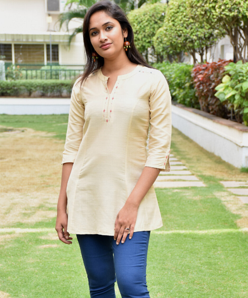 Beige silk hand embroidery tunic