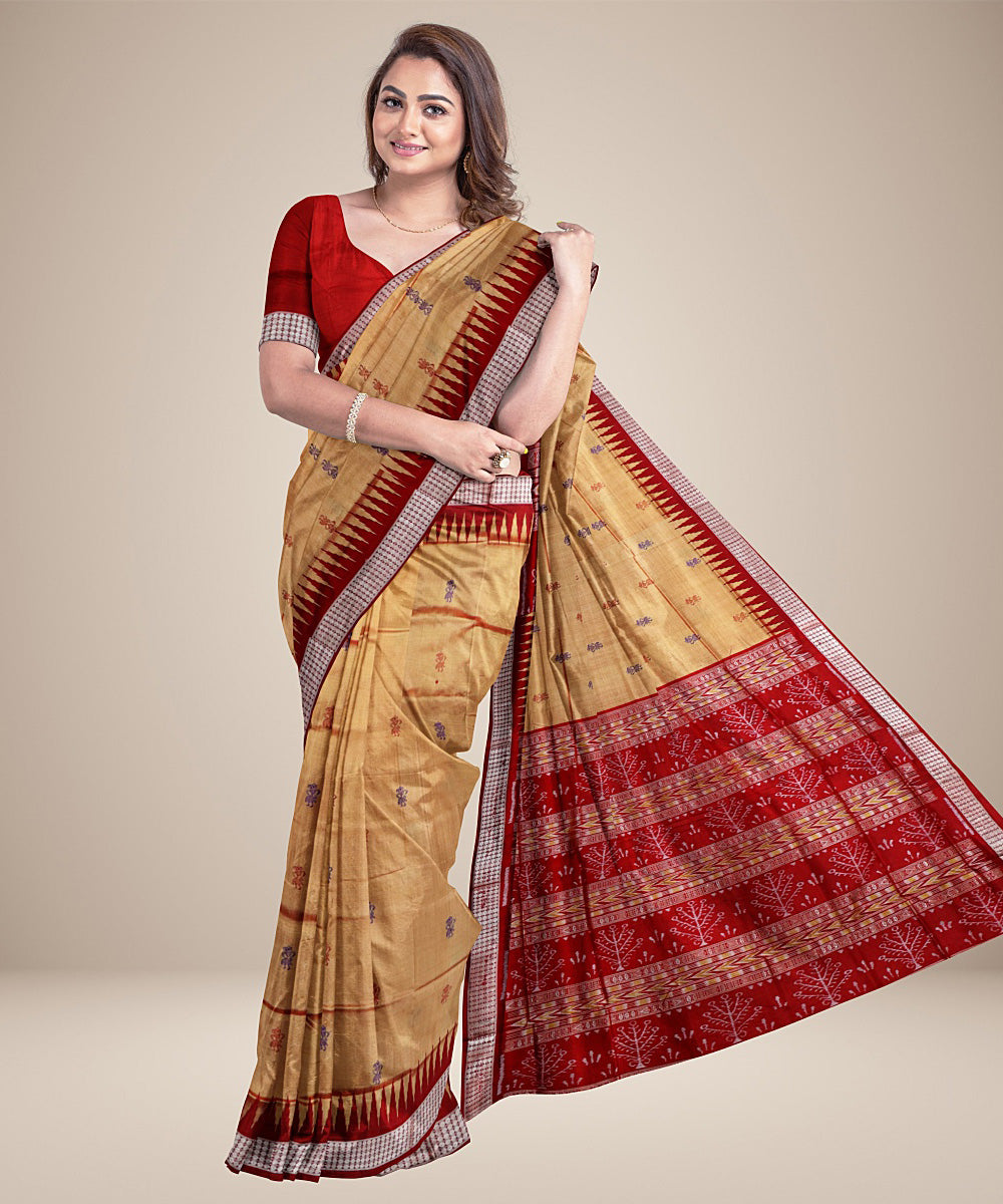 Deep peach red silk handwoven bomkai saree