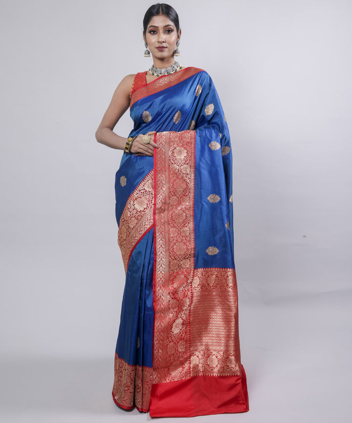 Indigo red border silk handwoven banarasi saree