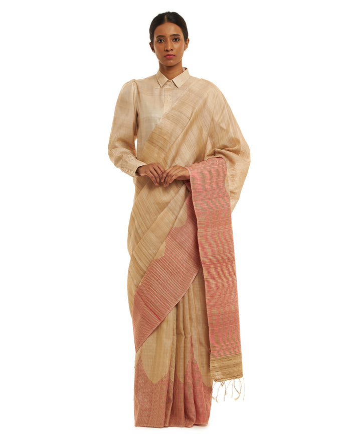 Handwoven natural kosa silk saree red stripes