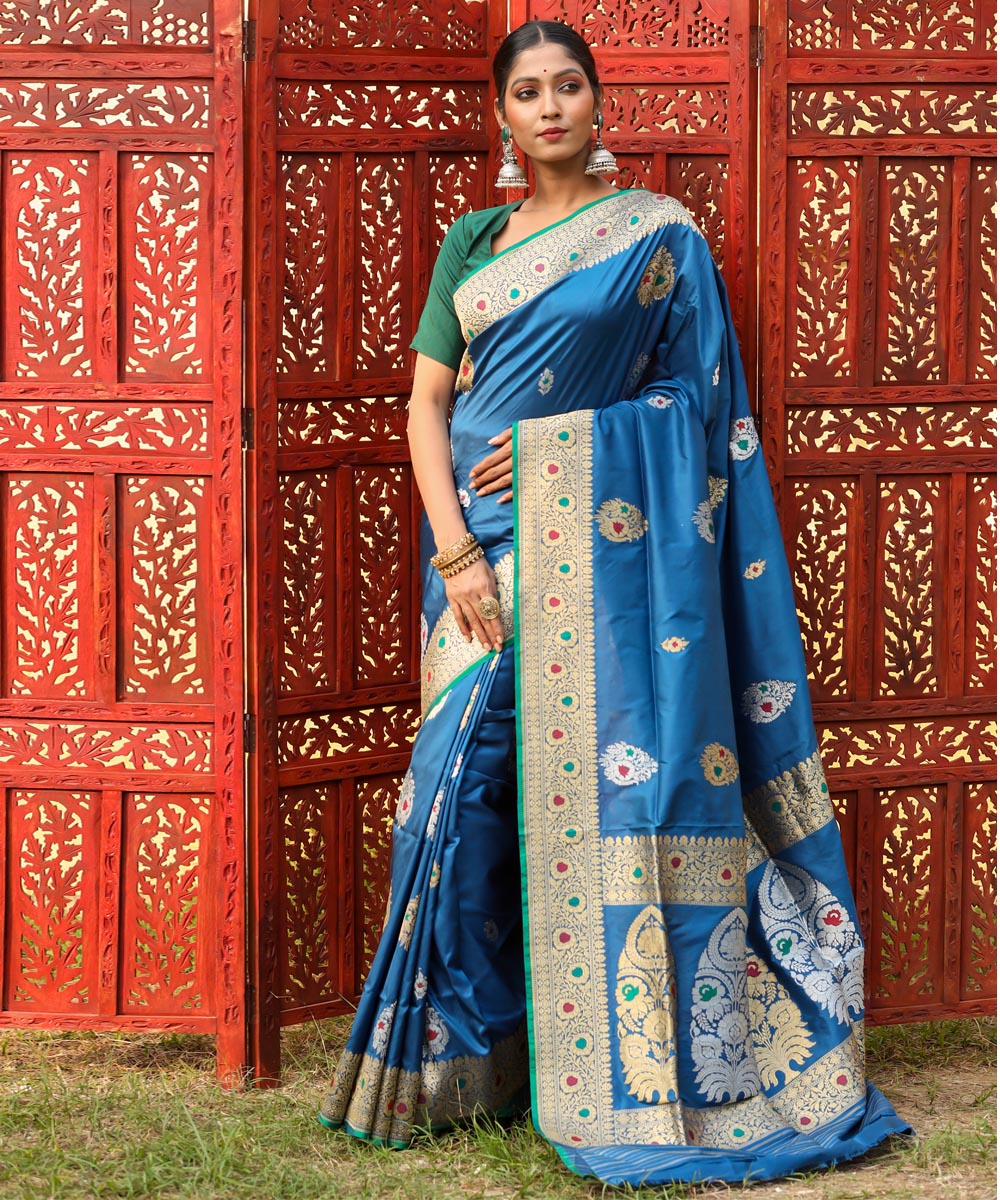 Teal blue silk handwoven banarasi saree