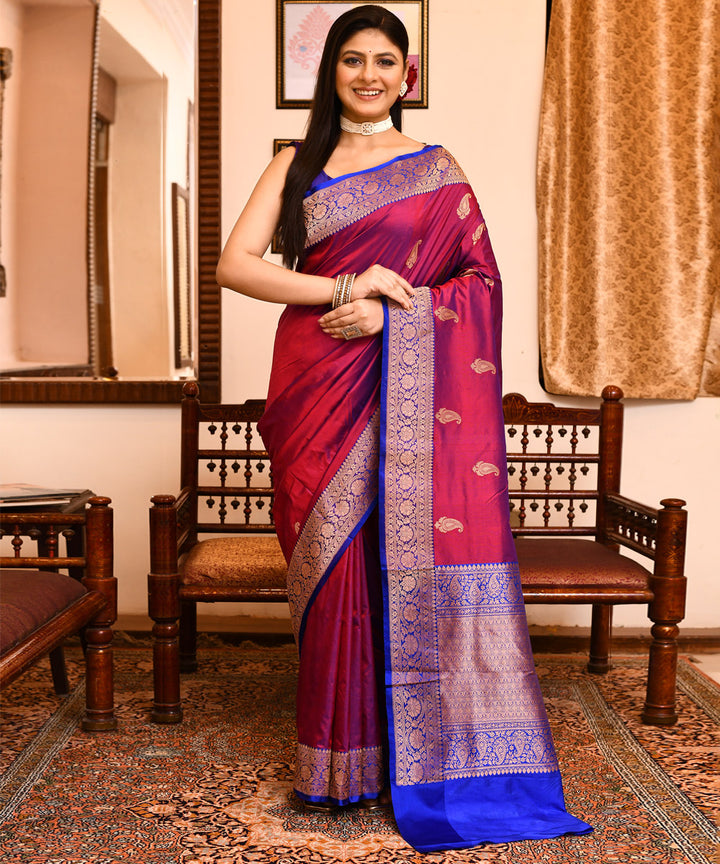 Pink blue dual tone silk handwoven banarasi saree