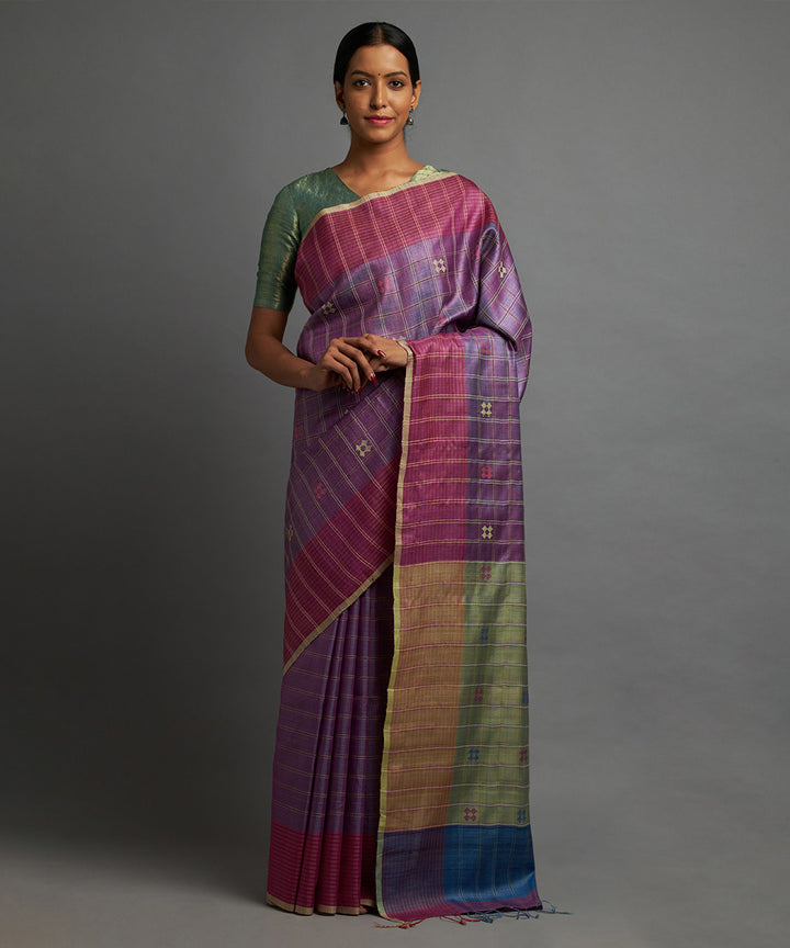 Magenta deep lavender blue kosa handloom chhattisgarh silk saree