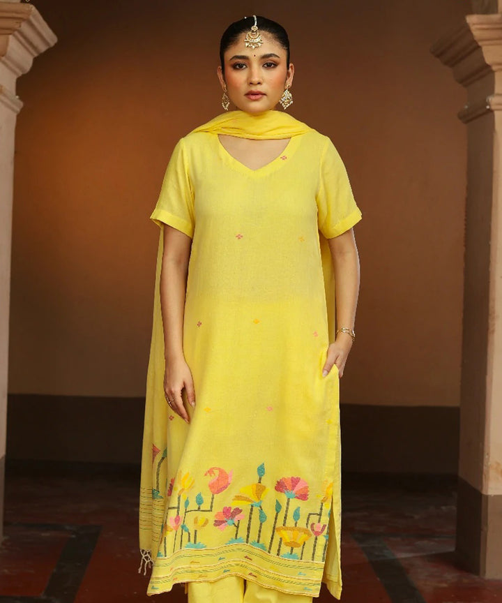 Handloom yellow cotton jamdani kurta set with dupatta