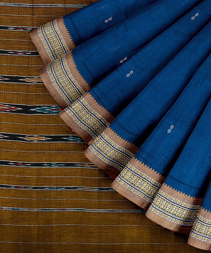 Midnight blue yellow cotton handwoven nuapatna saree