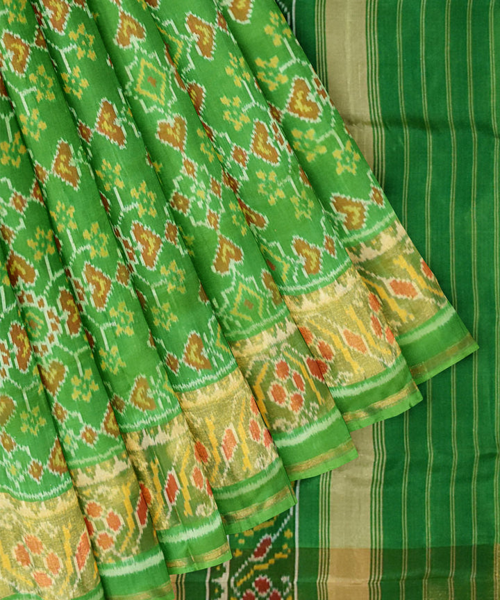 Cyan green yellow silk handloom patola saree