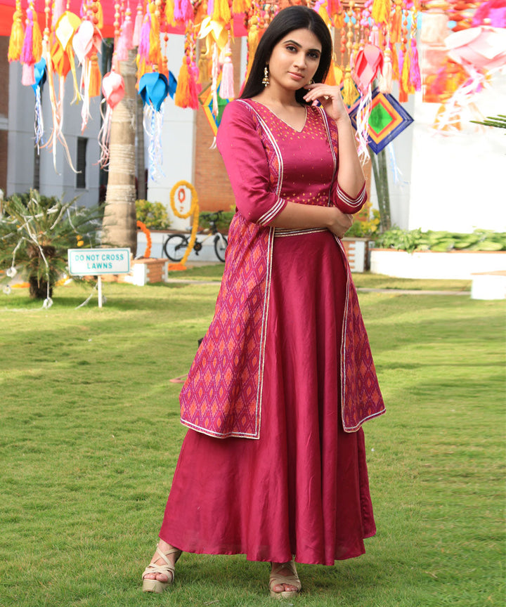 Pink hand embroidery, chanderi, handwoven ikat lehenga set
