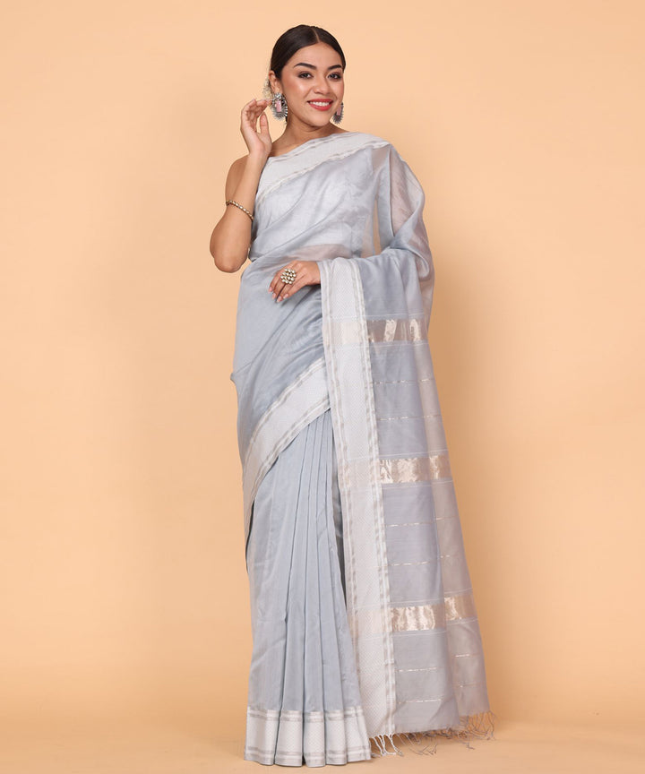 Grey cotton silk handloom maheshwari saree