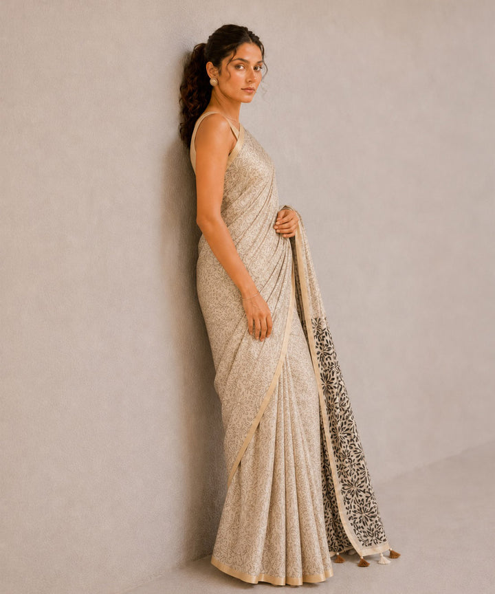 Brown black hand embroidered chanderi silk saree