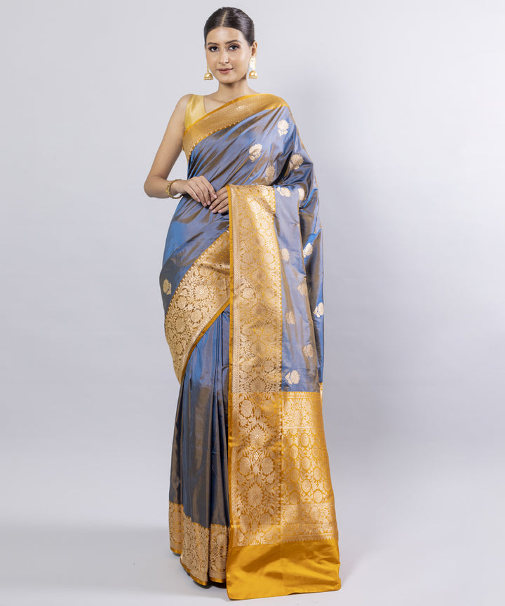 Indigo mustard border silk handwoven banarasi saree