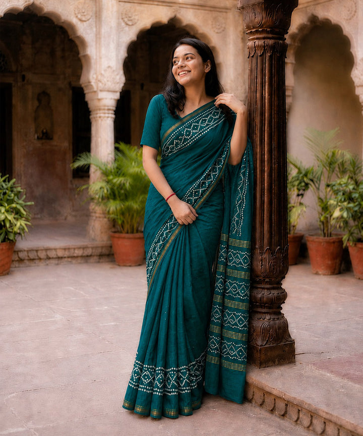 Dark green bhandhej cotton silk saree