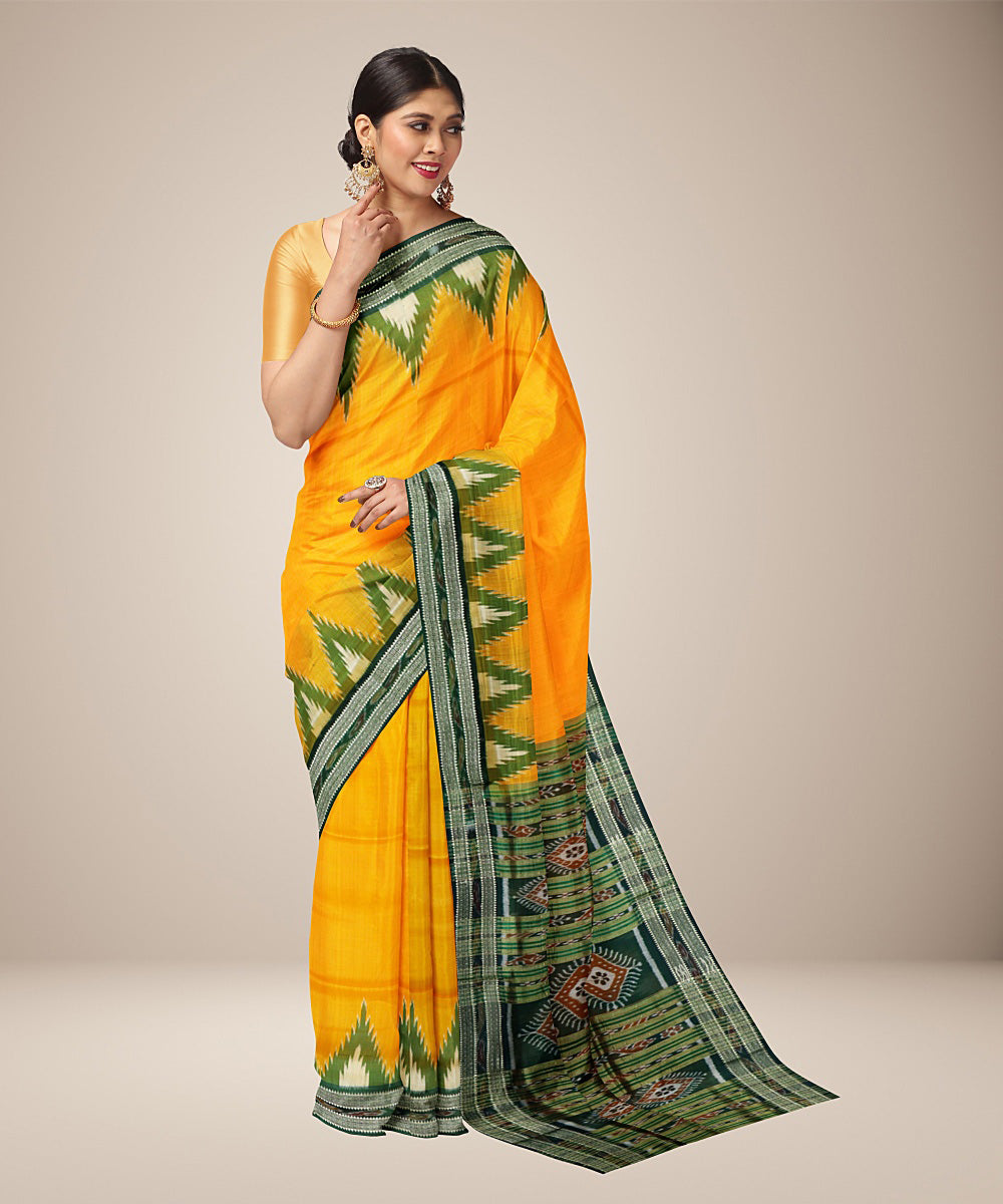 Yellow olive green silk handwoven khandua saree