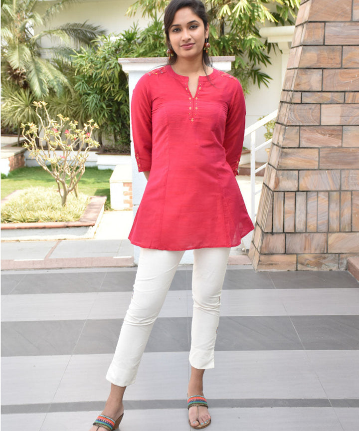 Brick red silk hand embroidery tunic