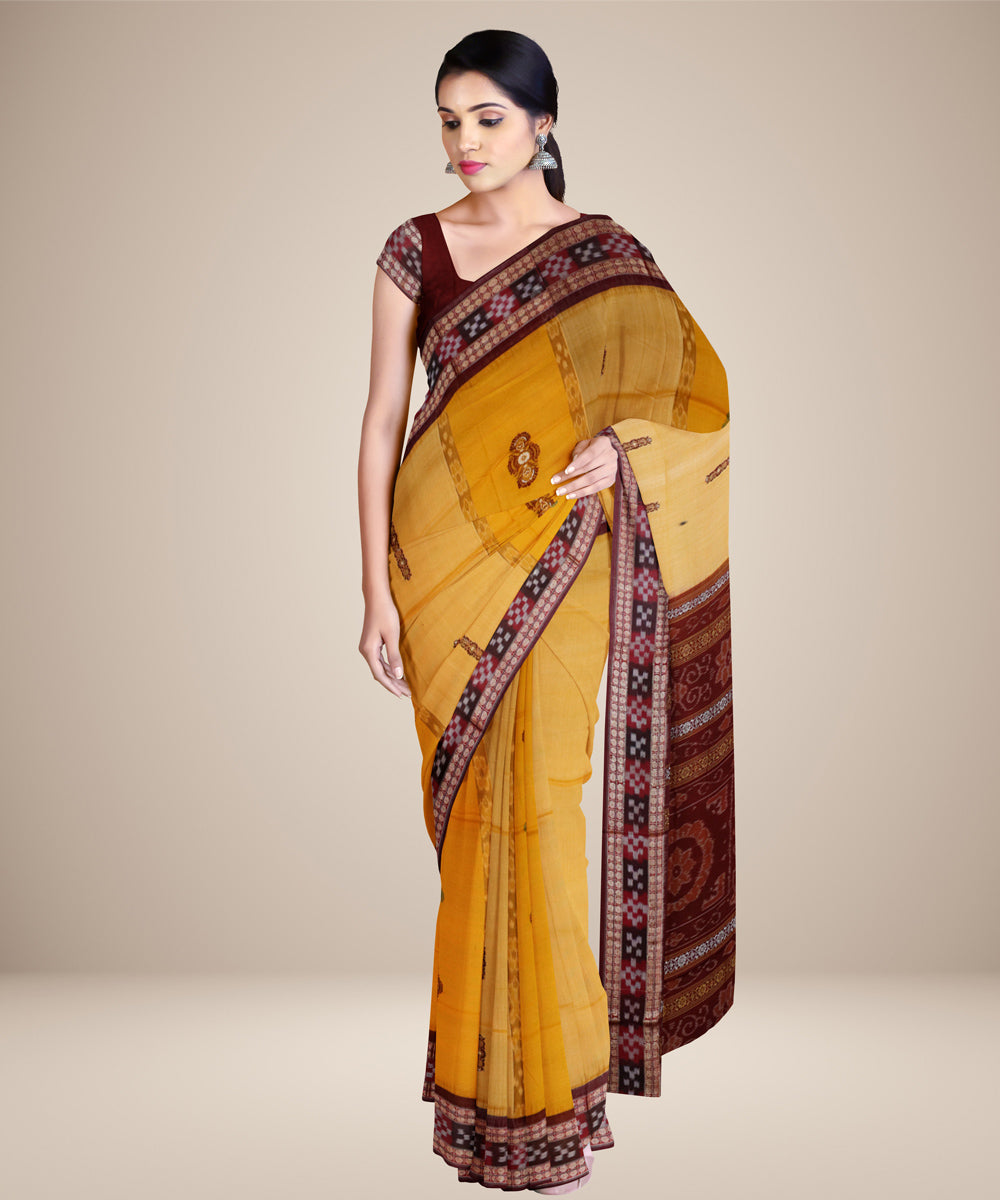 Deep lemon maroon cotton handwoven bomkai saree