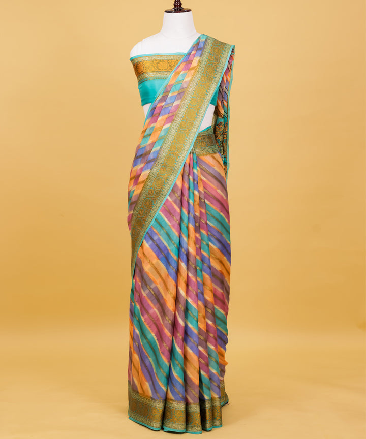 Teal green diagonal stripe silk handwoven banarasi saree