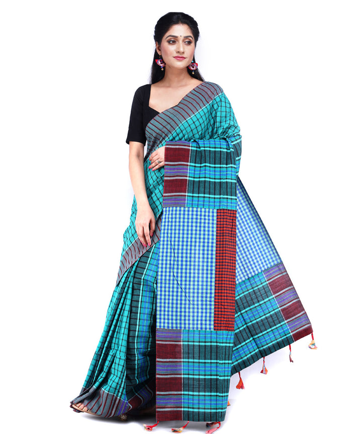 Cyan green maroon cotton handloom gamcha saree