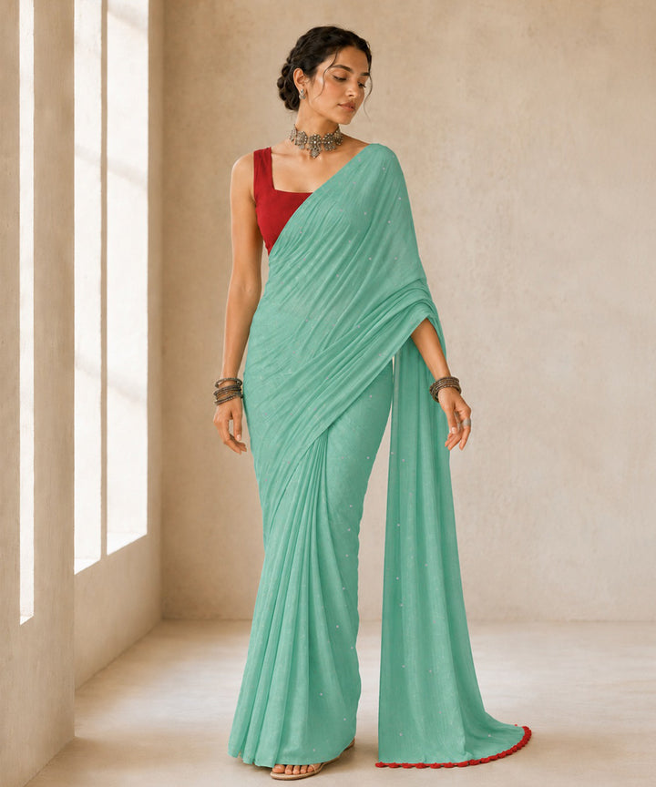 Teal green orange crochet mukaish cotton saree