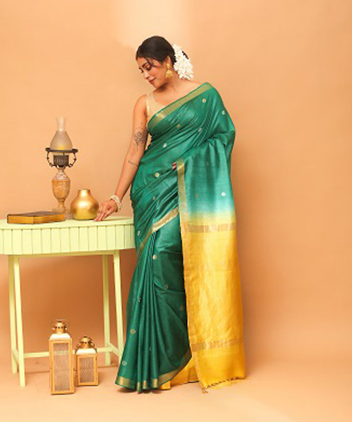 Dark green yellow chhattisgarh handloom tussar silk saree