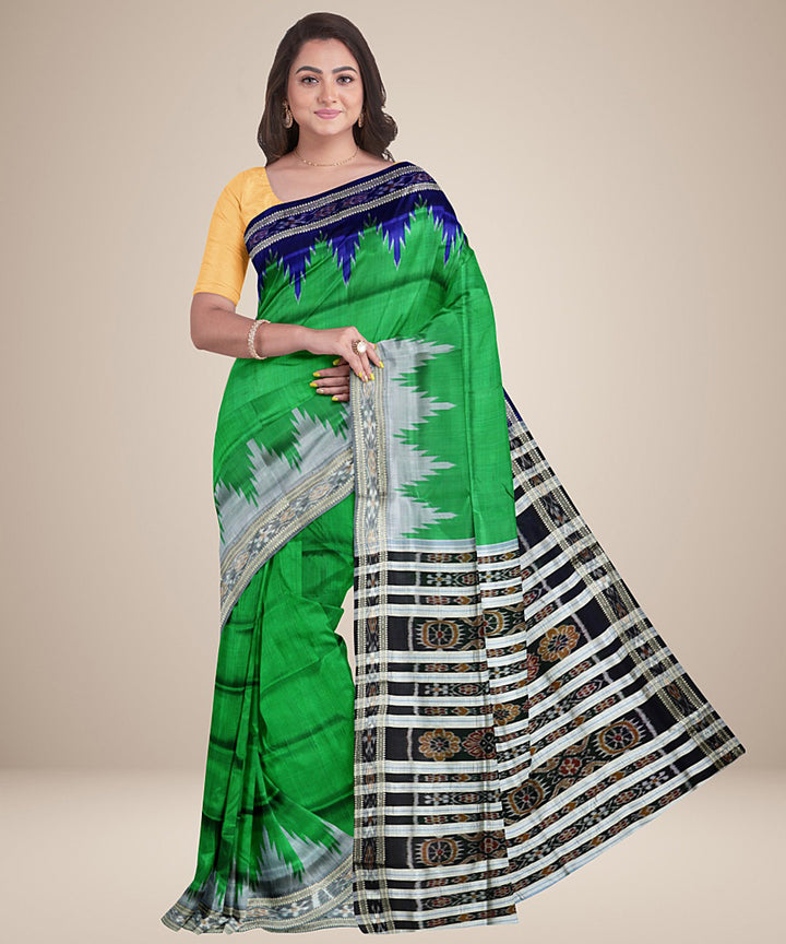 Parrot green black silk handwoven khandua saree