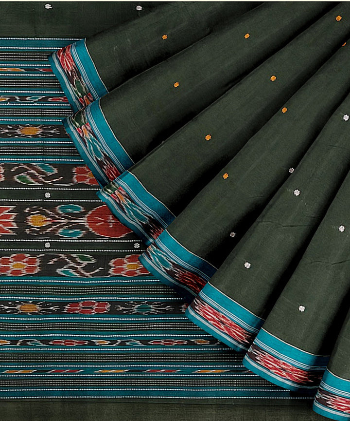 Dark green green cotton handwoven nuapatna saree