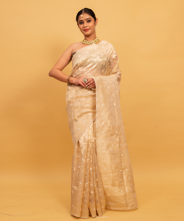 Cream jangla silk handwoven banarasi saree