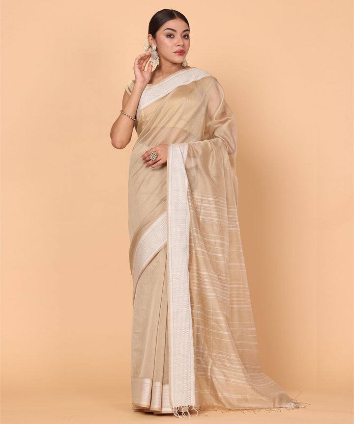 Dark Beige offwhite cotton silk handloom maheshwari saree