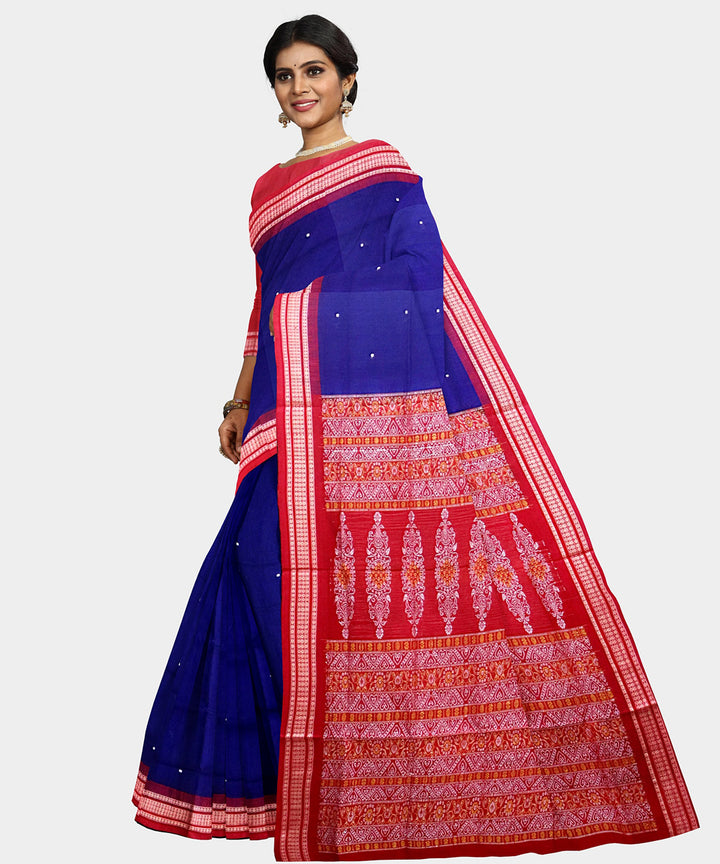 Navy blue red cotton handwoven bomkai saree
