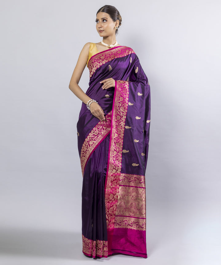 Violet pink border silk handwoven banarasi saree