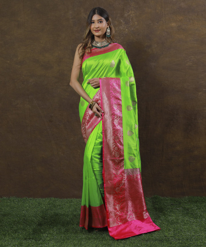 Light green pink border silk handwoven banarasi saree