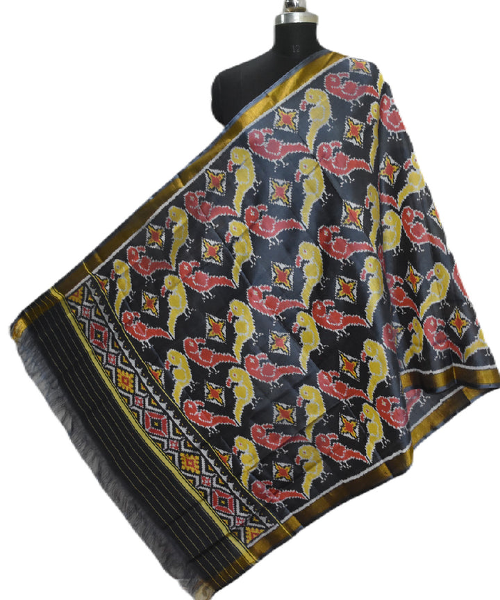 Grey red yellow handwoven patola silk dupatta