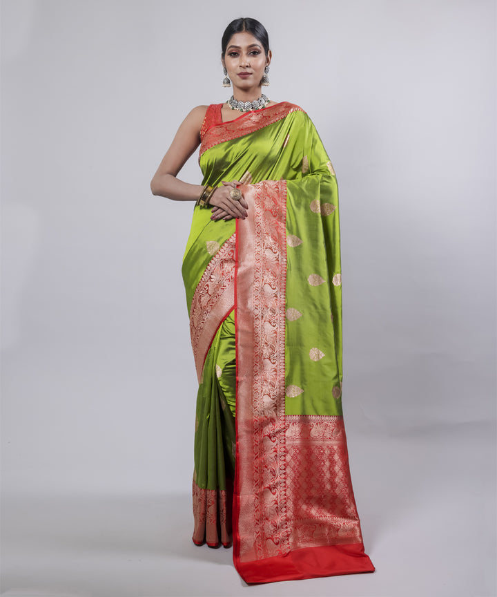 Lime green red border silk handwoven banarasi saree